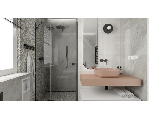 Moderní koupelna se sprchou, umyvadlem a zrcadlem