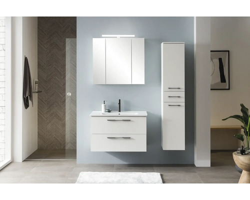 Koupelna s umyvadlovou skříňkou, zrcadlovou skříňkou a vysokou skříňkou