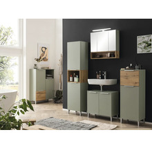 Moderní koupelnový nábytek se umyvadlem, zrcadlovou skříňkou a koupelnovými skříňkami ve světlém provedení