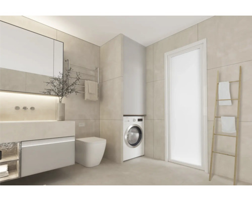 Moderní koupelna s umyvadlem, toaletou, pračkou a držákem na ručníky