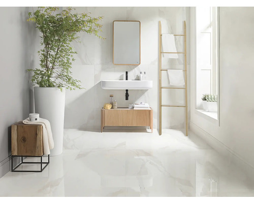 Světlá koupelna s umyvadlem, zrcadlem, žebříkem na ručníky a rostlinou