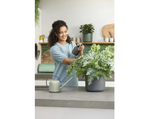 Žena pečuje o rostlinu pomocí rozprašovače vedle konve na pracovní desce