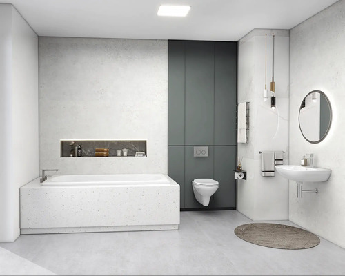 Moderní koupelna s vanou, toaletou, umyvadlem a zrcadlem