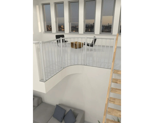 Světlý obývací pokoj s galerií, zábradlím a žebříkem