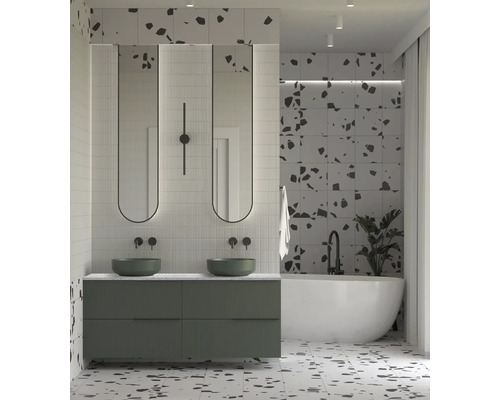 Světlá koupelna s dvojitým umyvadlem, zrcadly, vanou a dlaždicemi ve stylu teraco