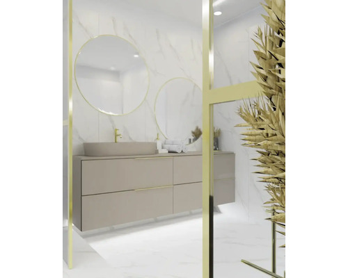 Světlá koupelna s umyvadlovou skříňkou, kulatými zrcadly a rostlinami