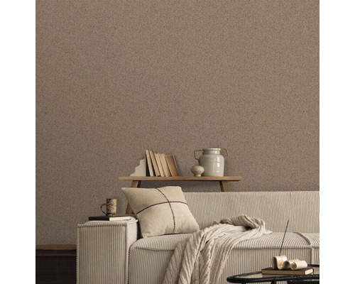 Obývací pokoj se stěnou s hrubou omítkou, pohovkou a knihovnou