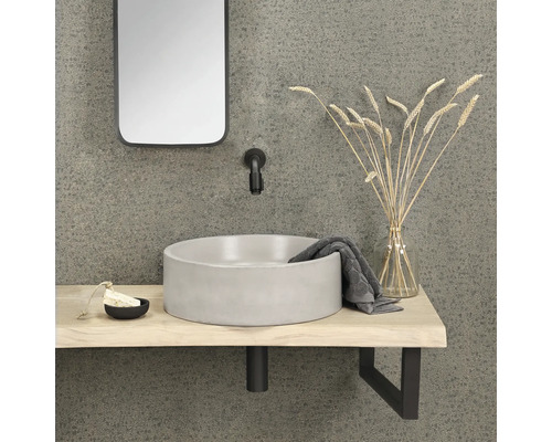 Koupelnová umyvadlová skříňka s kulatým umyvadlem na desku, armaturou a zrcadlem