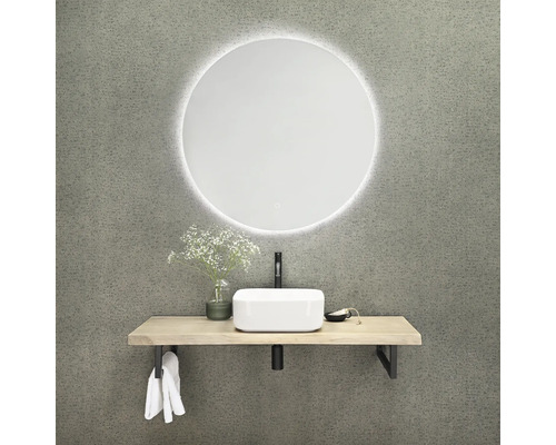 Koupelnové umyvadlo s kulatým zrcadlem, umyvadlem, baterií a ručníky