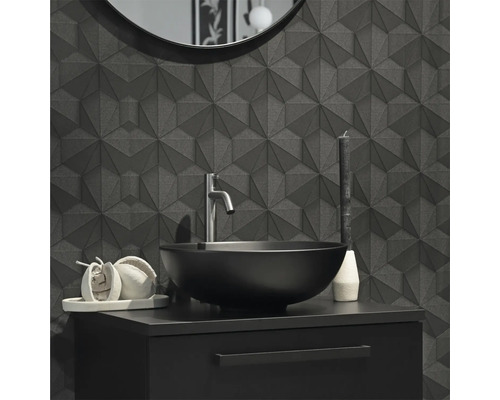 Koupelna s umyvadlem, baterií, zrcadlem a 3D obklady