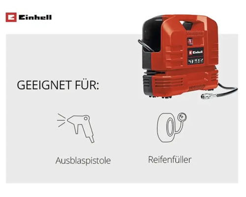 Logo Einhell. Vhodné pro ofukovací pistoli a hustilku pneumatik. Kompresor.