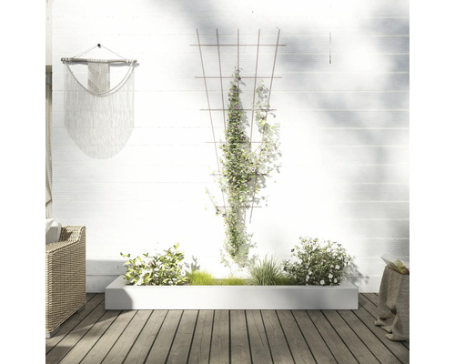 Venkovní prostor s mřížovinou, truhlíkem a dekorací na stěně