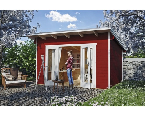 Dřevěný zahradní domek SKAN HOLZ Ostende 1, 350 x 250 cm, švédská červená Zahrada s dřevěným zahradním domkem, terasou a malířským stojanem