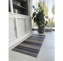 Interiérová fotografie pruhovaného koberce před skříní a pokojovou rostlinou.