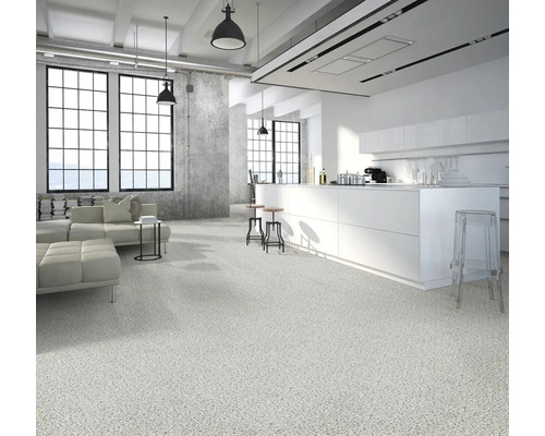 Světlá místnost s kobercem, kuchyní a posezením