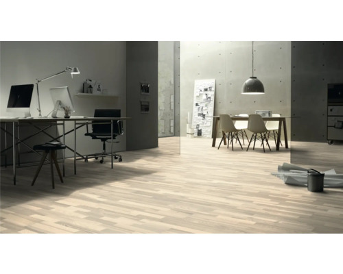 Světlá místnost s dřevěnou podlahou, psacím stolem a jídelním stolem.