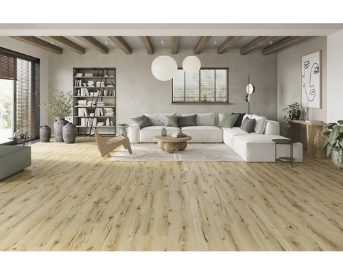 Světlý obývací pokoj s dřevěným trámovým stropem, knihovnou, bílou pohovkou a dřevěnou podlahou