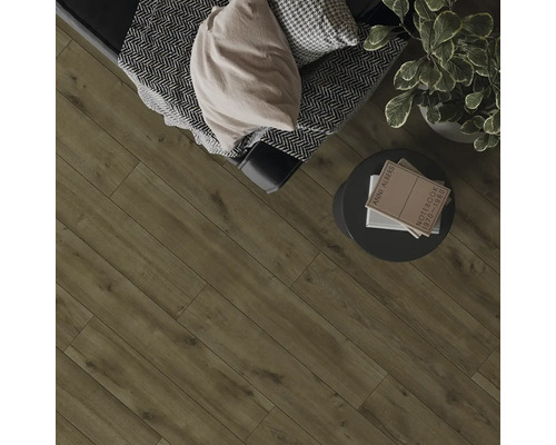 Pohled shora na místnost s laminátovou podlahou, křeslem, odkládacím stolkem a pokojovou rostlinou.