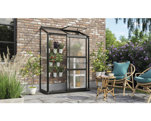 Skleník z kovu a plastu s rostlinami na terase