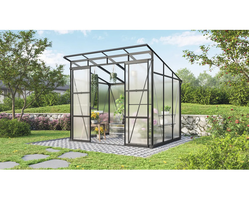 Skleník Vitavia Playa 5900 polykarbonát 6 mm 258 x 229,4 cm černý vč. základového rámu Skleník s rostlinami na zahradě