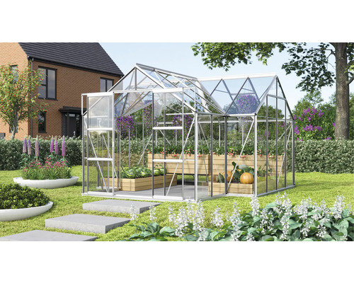 Skleník Vitavia Sirius skleněný 3 mm 383 x 383 cm hliník vč. základového rámu Skleník v zahradě s rostlinami