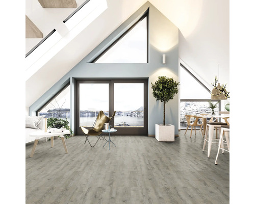 Světlý obývací pokoj s střešními okny, laminátovou podlahou, posezením a pokojovou rostlinou