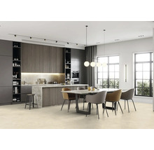 Světlá jídelna s jídelním stolem, židlemi, vestavěnou kuchyní a velkými okny.