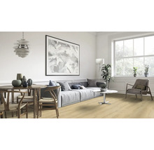 Světlý obývací pokoj s jídelním stolem, pohovkou a velkým oknem.