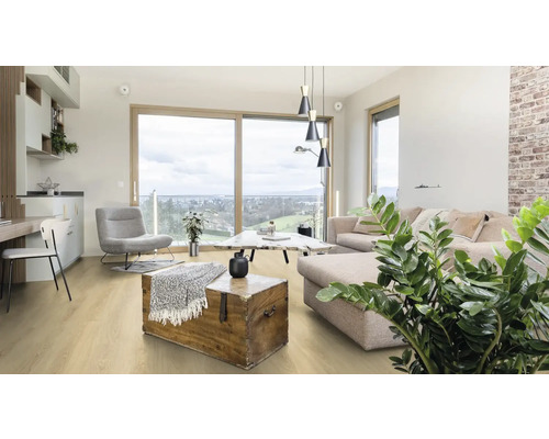 Světlý obývací pokoj s pohovkou, křeslem, dřevěnou truhlou a dřevěnou podlahou