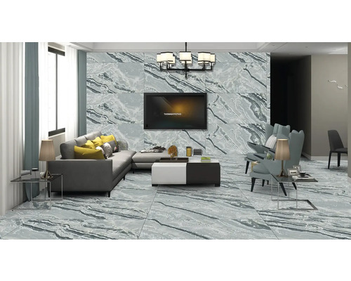 Obývací pokoj s obklady stěn a podlah v mramorovém vzhledu