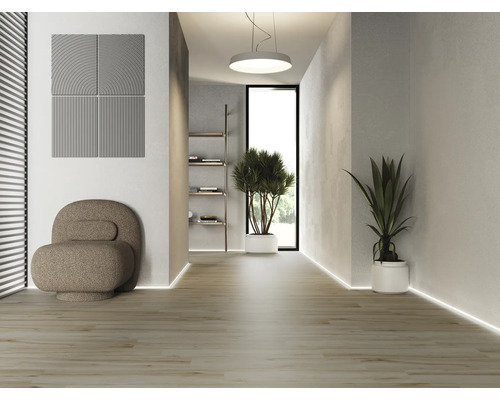 Světlá chodba s posezením, akustickými panely na stěně a pokojovými rostlinami