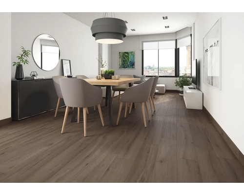 Světlá jídelna s dřevěnou podlahou, jídelním stolem a židlemi