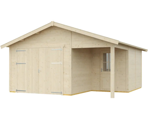 Dřevěná garáž s dvoukřídlými dveřmi a markýzou