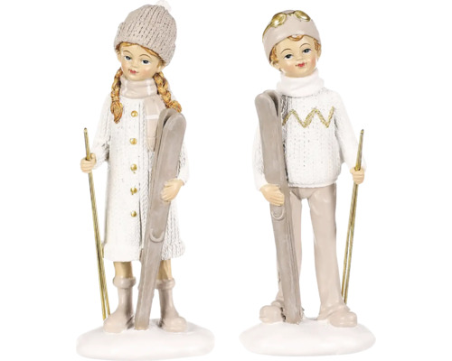 Vánoční figurky chlapce a dívky s lyžemi polyresin béžová 1 ks Ozdobné figurky dívky a chlapce se lyžemi