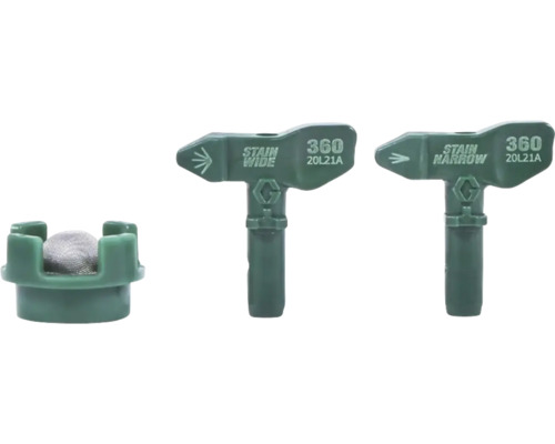 Sada trysek Magnum by Graco TrueCoat 360 Tři zelené stříkací nástavce pro stříkací zařízení s označeními Stain Wide, Stain Narrow a filtr.