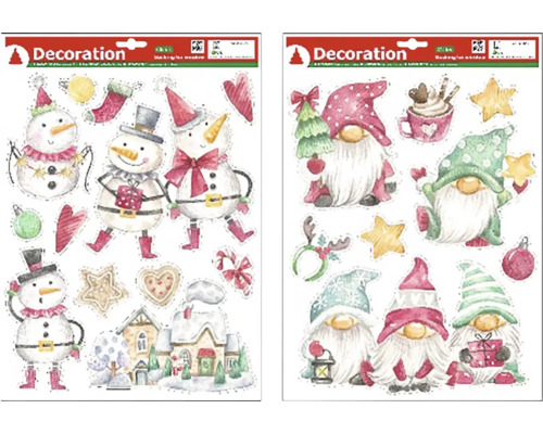 Fólie na okno, různé druhy Dva archy samolepek na okna pro vánoční dekoraci se sněhuláky a trpaslíky