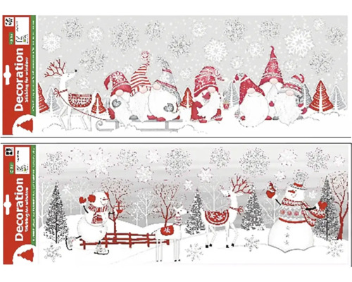 Fólie s trpaslíky šedo-červená Samolepky na okna s vánočními motivy, jako jsou sněhuláci, jeleni a skřítci