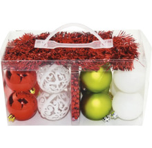 Sada vánočních ozdob na stromeček s koulemi, girlandou a úložným boxem