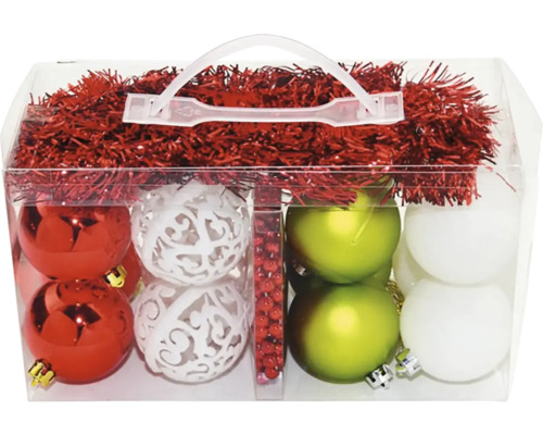 Vánoční ozdoby set 18 ks červené, bílé, zelené Sada vánočních ozdob na stromeček s koulemi, girlandou a úložným boxem