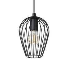 Černá závěsná lampa s drátěným stínidlem a žárovkou