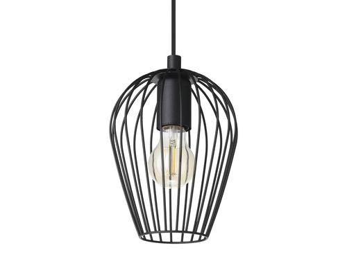 Černá závěsná lampa s drátěným stínidlem a žárovkou