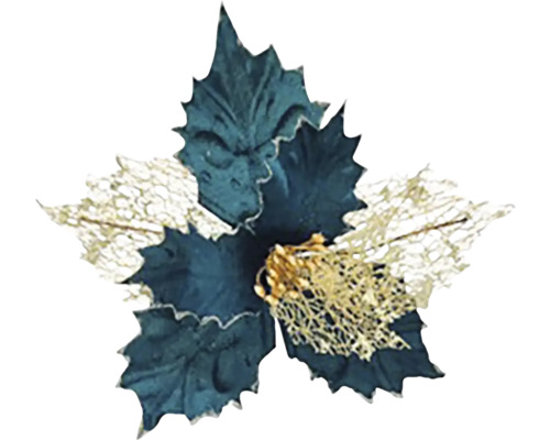 Květ zlatě síťovaný 25 cm tyrkysový Dekorativní aranžmá listů pro vánoční čas