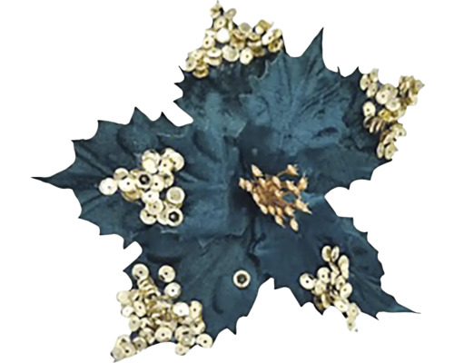Květ se zlatými korálky látkový 25 cm tyrkysový Dekorativní vánoční hvězda s ozdobnými zlatými flitry