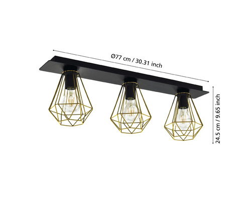 Stropní svítidlo se třemi žárovkami, kovovými klecemi a rozměry.