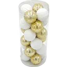 Vánoční ozdoby, tříděné ve zlaté a bílé barvě, balené v průhledné tubě