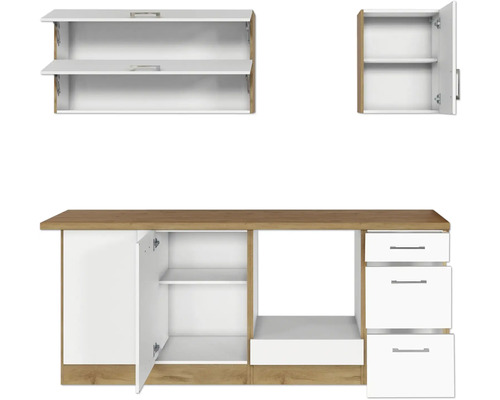 Kuchyňská linka se závěsnými skříňkami, spodními skříňkami a zásuvkami