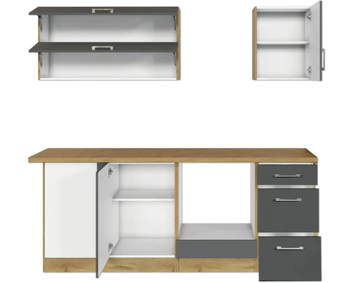 Kuchyňský nábytek s horními skříňkami, spodními skříňkami a zásuvkami
