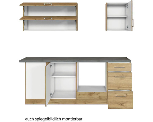 Kuchyňská linka se závěsnými skříňkami, spodními skříňkami a zásuvkami