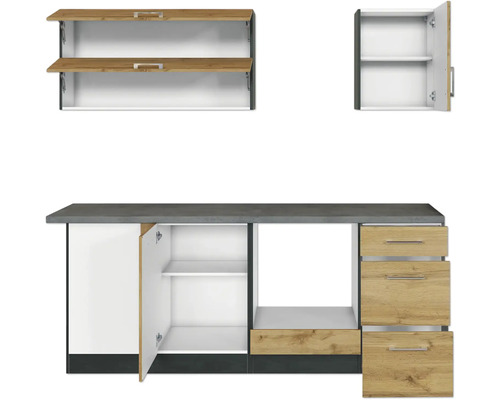 Kuchyňská linka se spodními skříňkami, zásuvkami a závěsnými skříňkami