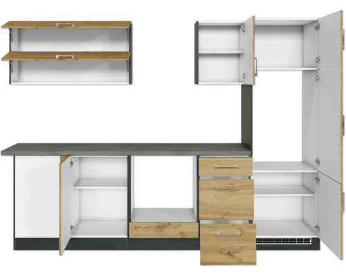 Kuchyňská linka se skříňkami, zásuvkami a pracovní deskou